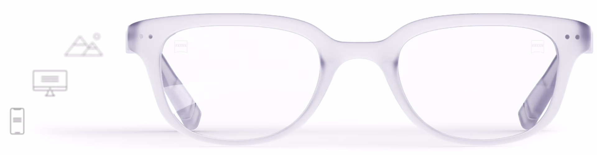 Verres ZEISS Progressive SmartLife dans une monture transparente stylée avec des icônes indiquant les différentes zones de vision – de près, intermédiaire et de loin