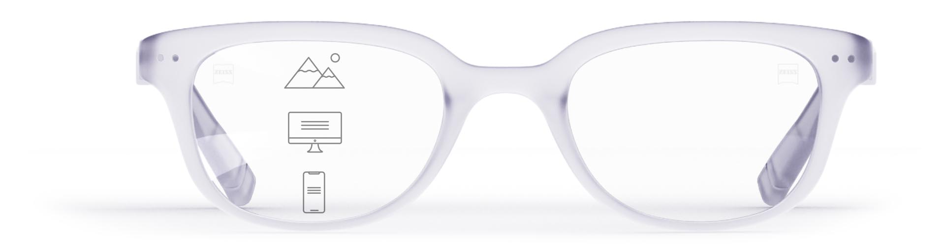 Verres ZEISS Progressive SmartLife dans une monture transparente stylée avec des icônes indiquant les différentes zones de vision – de près, intermédiaire et de loin